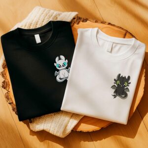 Toothless and Light Fury Couple Chest Logo Embroidered T-Shirt
