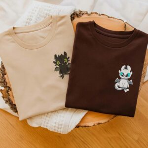 Toothless and Light Fury Couple Chest Logo Embroidered T-Shirt