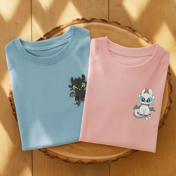 Toothless and Light Fury Couple Chest Logo Embroidered T-Shirt